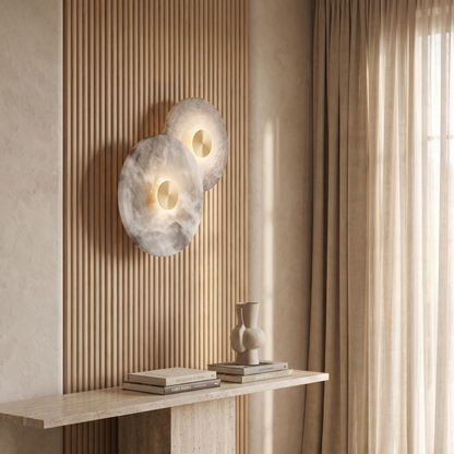 Larkspur Minimalist Round Iron Wall Sconce with Marble Accent and Built-In LED for Bedroom