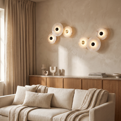 Larkspur Minimalist Round Iron Wall Sconce with Marble Accent and Built-In LED for Bedroom
