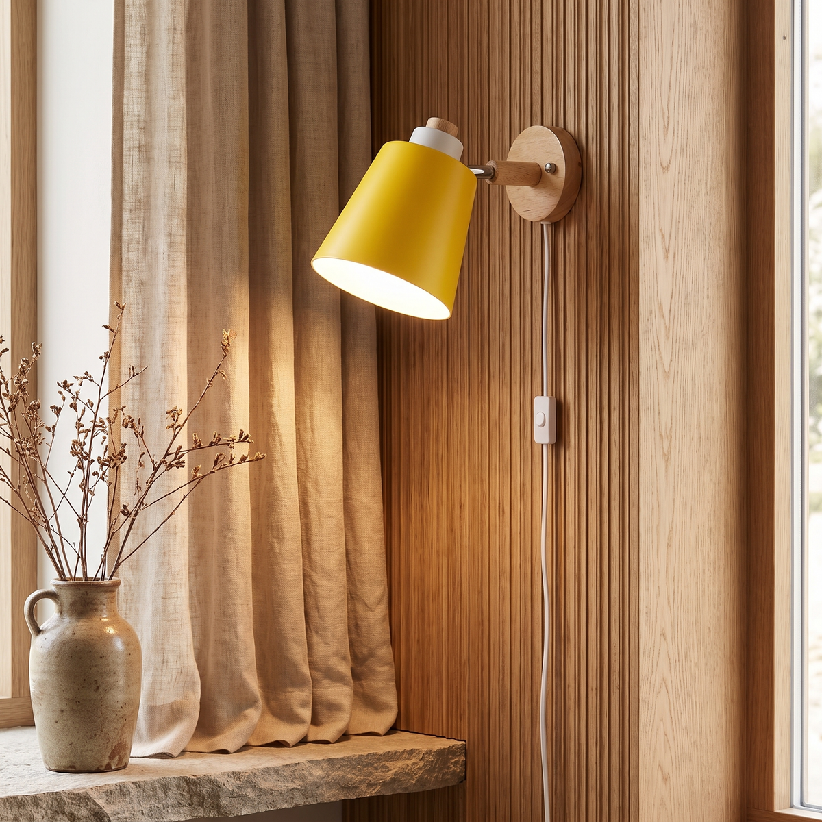 Estellune Macaron Barrel Shade Wood Accent Wall Sconce for Bedside Reading
