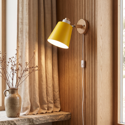 Estellune Macaron Barrel Shade Wood Accent Wall Sconce for Bedside Reading