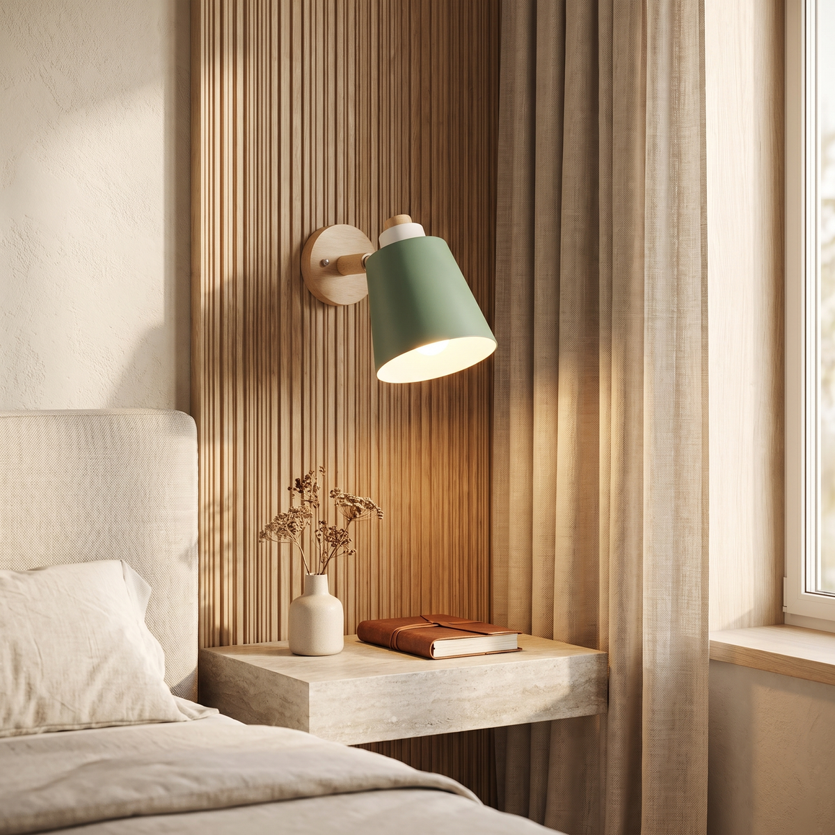 Estellune Macaron Barrel Shade Wood Accent Wall Sconce for Bedside Reading