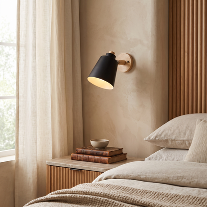 Estellune Macaron Barrel Shade Wood Accent Wall Sconce for Bedside Reading
