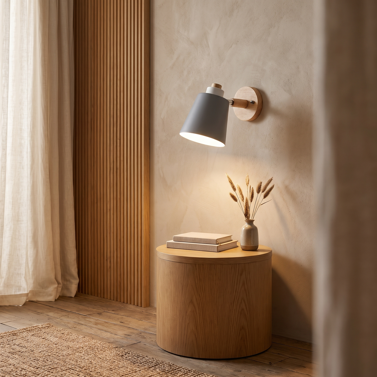 Estellune Macaron Barrel Shade Wood Accent Wall Sconce for Bedside Reading