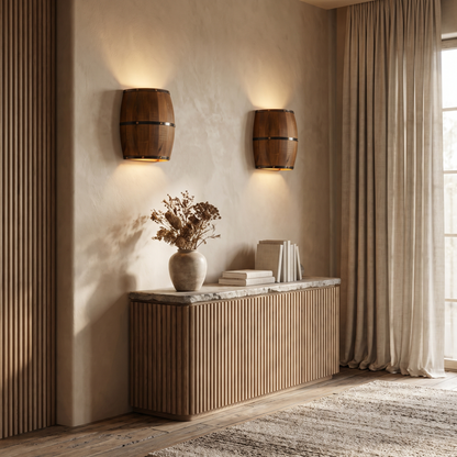 Faubourg Industrial Brown Wood Half Barrel Wall Sconce for Living Room Ambient Glow