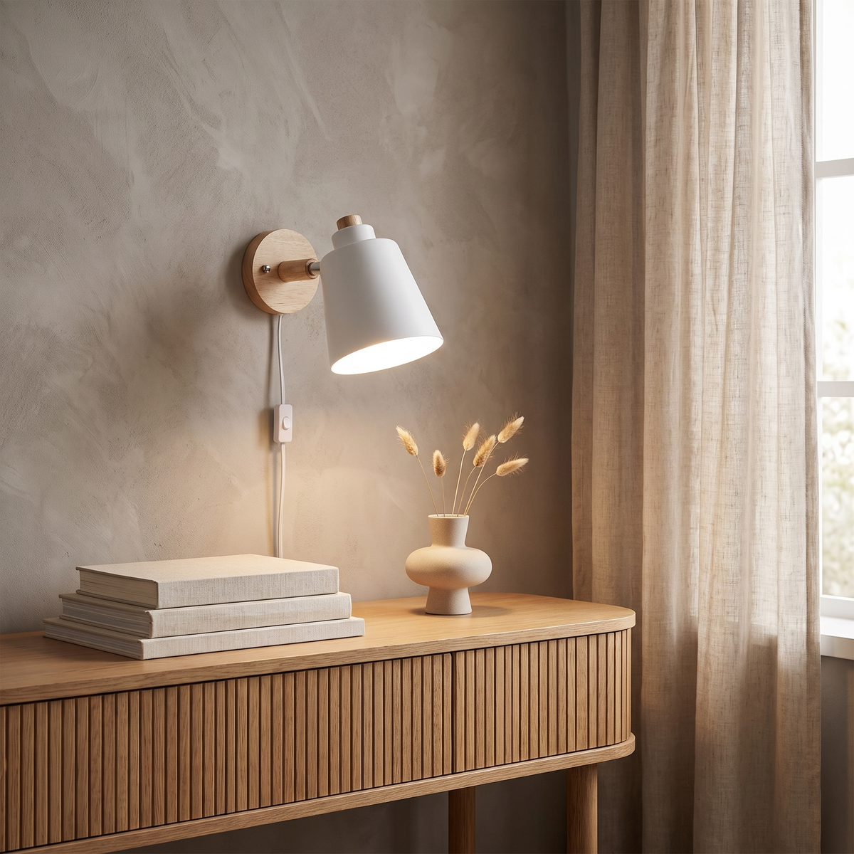 Estellune Macaron Barrel Shade Wood Accent Wall Sconce for Bedside Reading