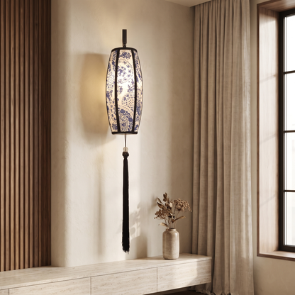 Ostara Chinese-Style Painted Fabric Lantern Wall Sconce with Tassel for Hallway