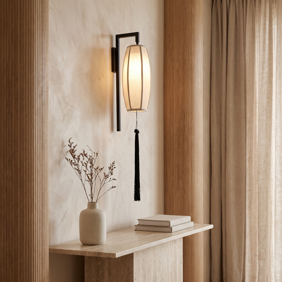 Ostara Chinese-Style Painted Fabric Lantern Wall Sconce with Tassel for Hallway