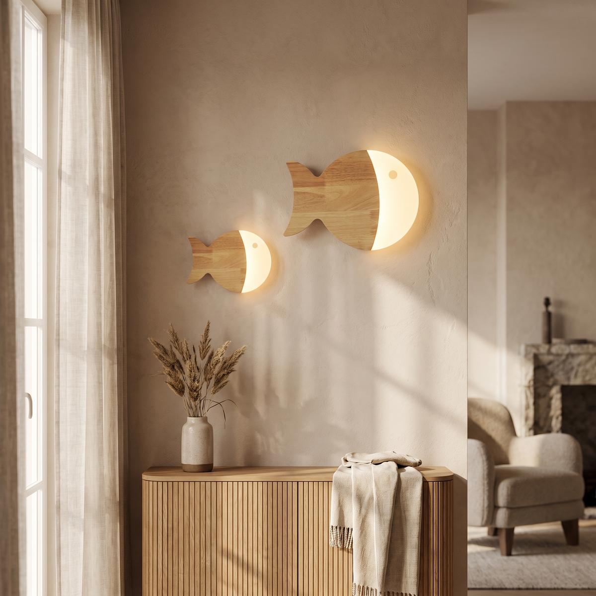 Yolandine Nordic Oak Acrylic Fish Wall Sconce for Bedside Reading and Study