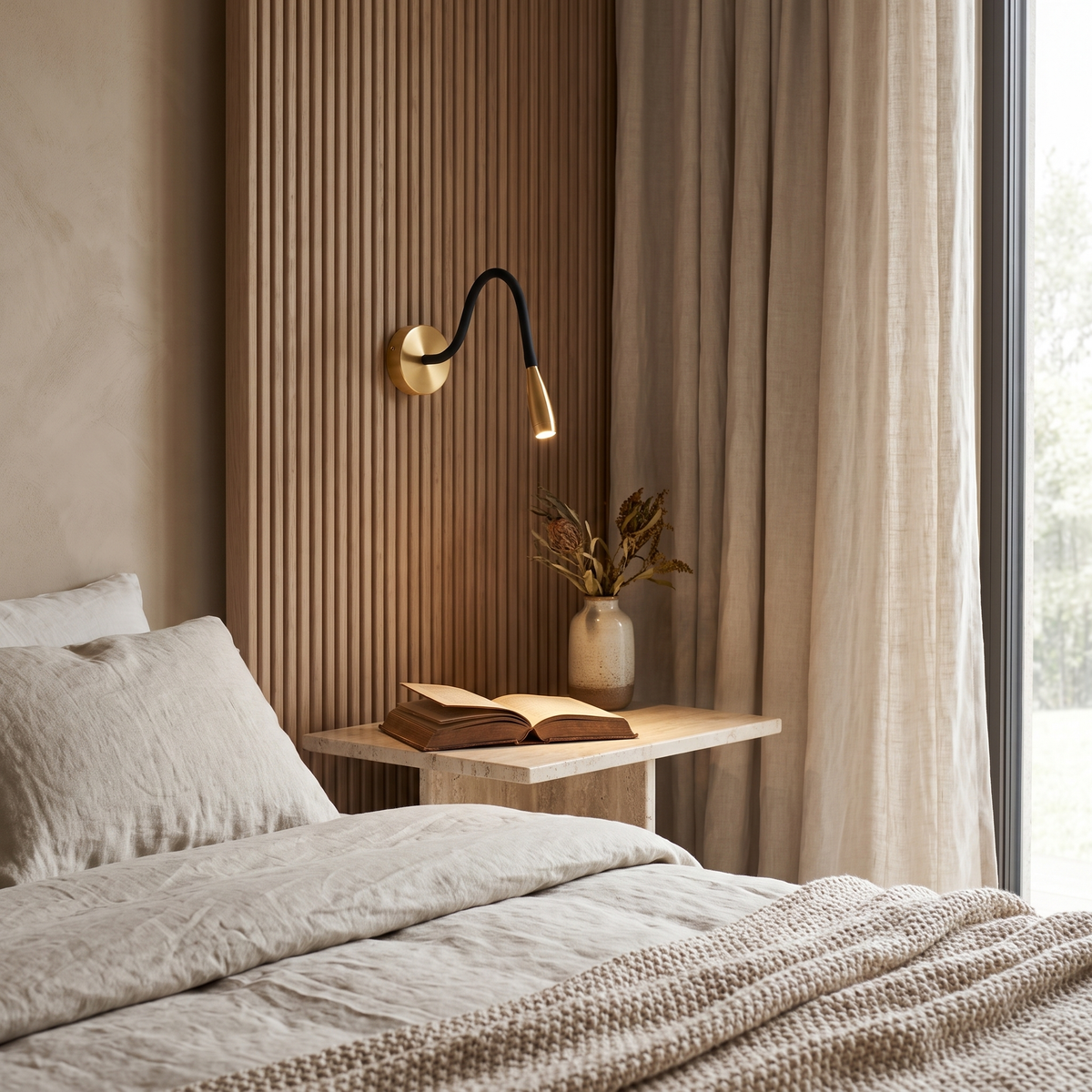 Quenelle Modern Copper Black LED Wall Sconce for Bedside Reading