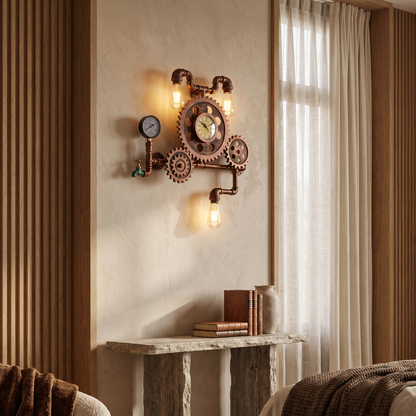 Brasselle Industrial Iron Gear and Pipe Wall Sconce with Clock for Hallway and Bar