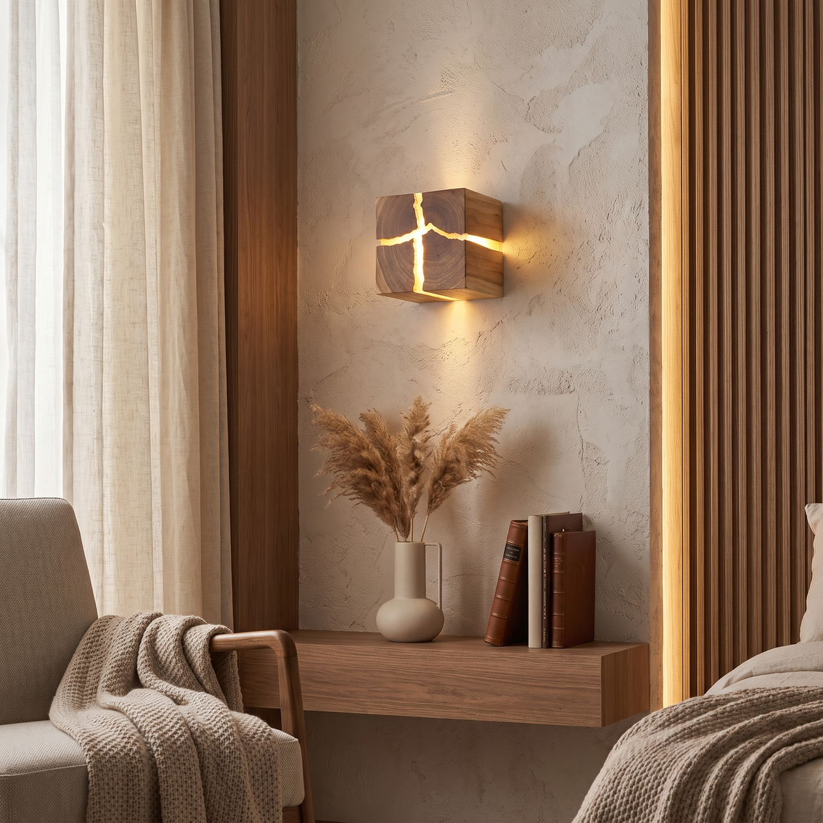 Dorienne Modern Cracked Wood Square Wall Sconce for Bedside and Mirror Lighting