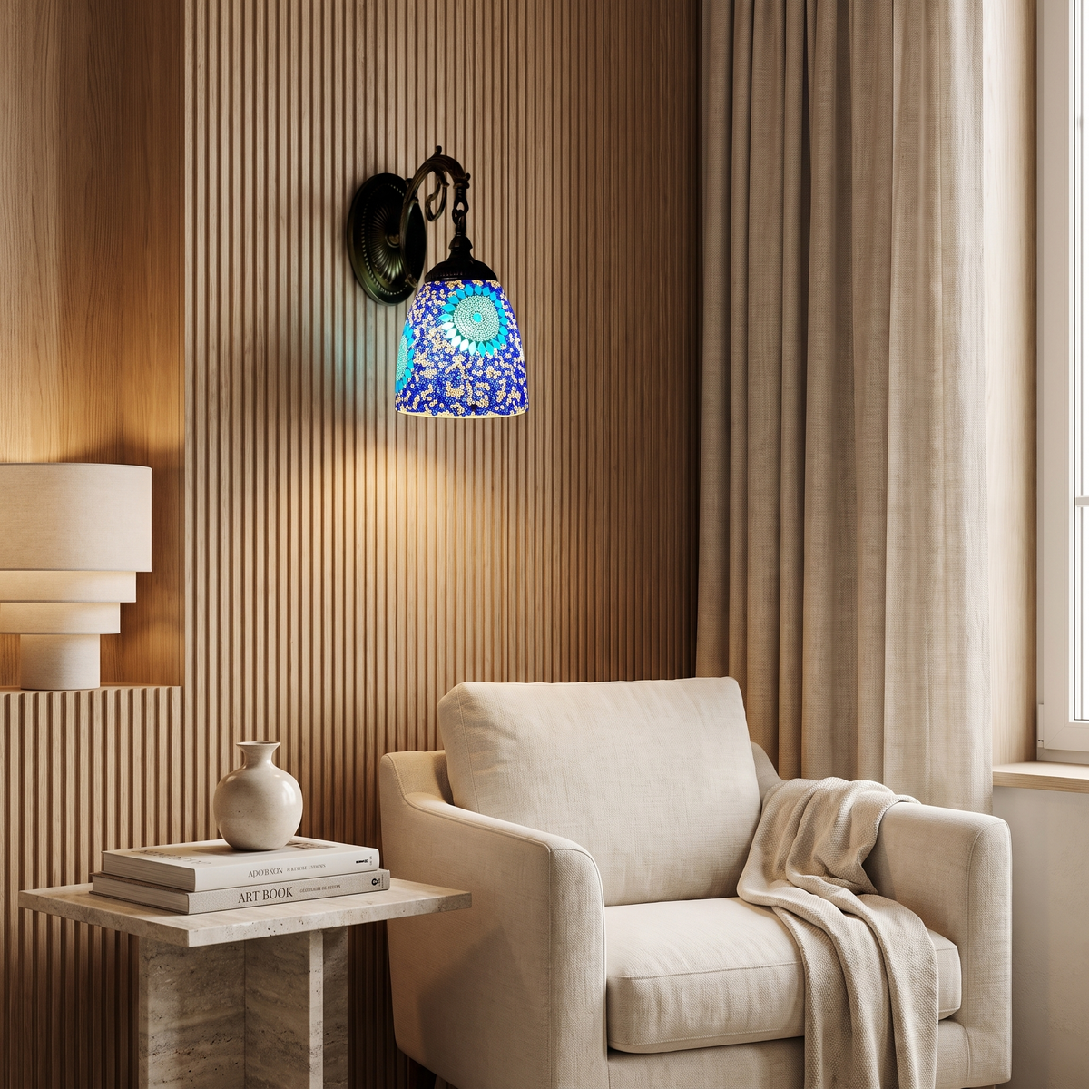 Jourdaine Tiffany-Style Iron Dome Wall Sconce with Stained Glass Shade for Bedroom