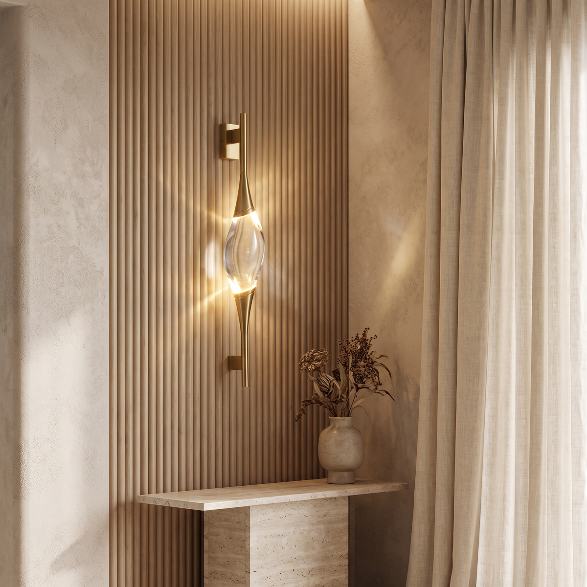 Gravelle Art Deco Brass Waterdrop Crystal Wall Sconce for Hallway and Entryway Lighting