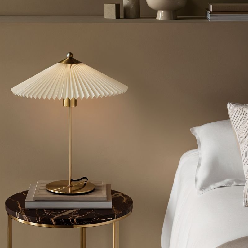 Aurelle Mid Century Fabric Drum Table Lamp with Warm E27 Glow for Bedroom Nightstands