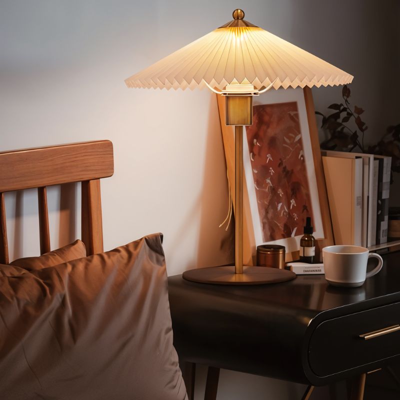 Aurelle Mid Century Fabric Drum Table Lamp with Warm E27 Glow for Bedroom Nightstands
