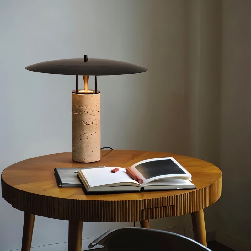 Marcheva Modern Marble and Travertine Table Lamp with Integrated LED Glow